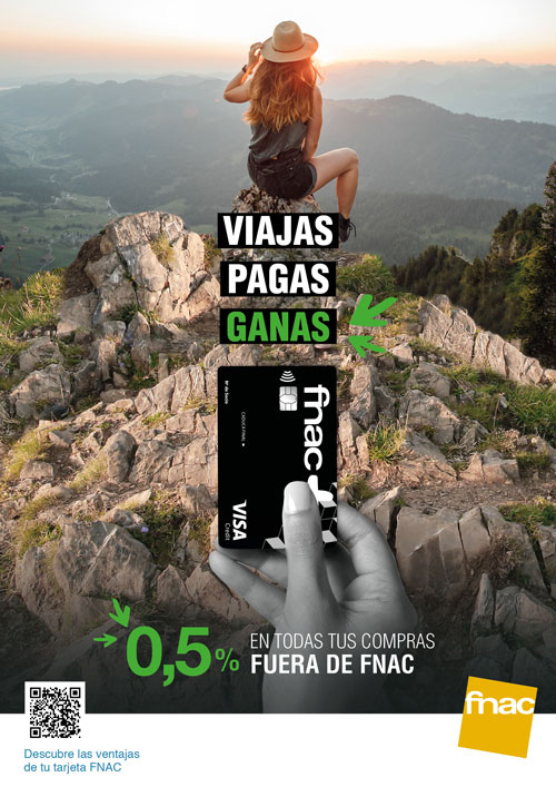 Cartel promodcional de fnactastico con el texto: Viajas, pagas, ganas, 0,5% en todas tus compras fuera de fnac