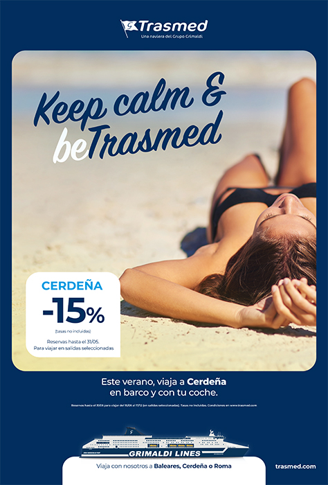 Cartel promocional de Trasmed, con el texto: Keep calm & betrasmed. Cerdeña, -15% Este verano, viaja a cerdeña en barco y con tu coche