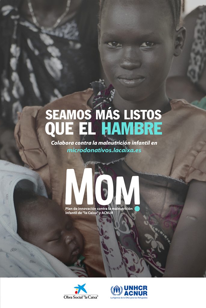 Imagen promocional con el texto: Seamos mas listos que el hambre, colabora con la malnutrición infantil en microdonativos.lacaixa.es