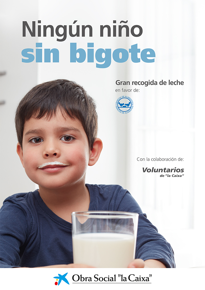 Imagen promocional con el texto: Ningun niño sin bigote, gran recogida de leche en favor de: banco de alimentos