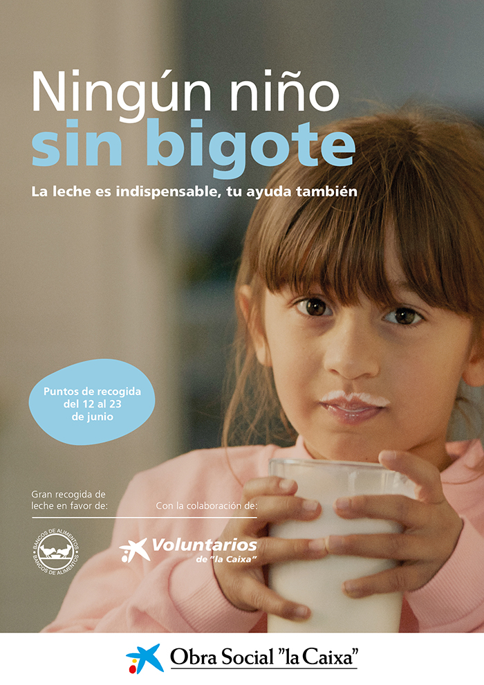 Imagen promocional con el texto: Ningun niño sin bigote, la leche es indispensable, tu ayuda también. Puntos de recogida del 12 a l23 de junio