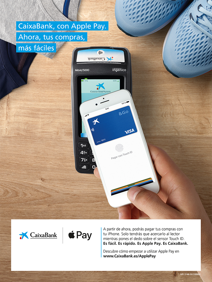 Imagen promocional con el texto: CaixaBank, con Apple Pay. Ahora, tus compras, más fáciles.