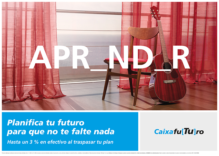 Imagen promocional con el texto: Aprender. Platifica tu futuro para que no te falte nada, Hasta u 3% en efectivo al traspasar tu plan. CaixafuTUro