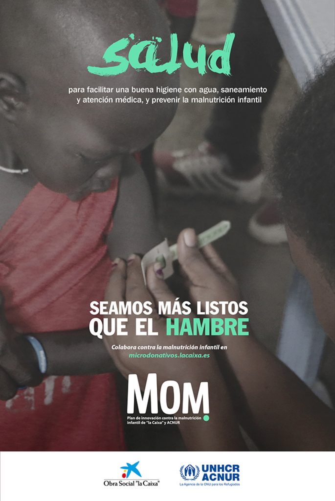 Imagen promocional con el texto: Salud, para facilitar una buena higiene con agua, saneamiento y atención médica, y prevenir la malnutrición infantil. Seamos más listos que el hambre. Colabora contra la malnutrición infantil en microdonativos.lacaixa.es