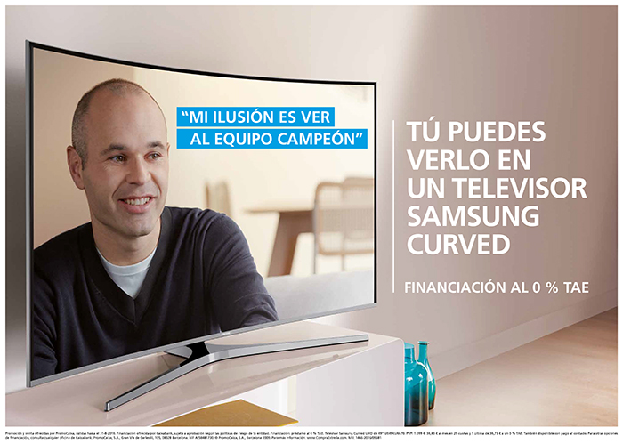 Imagen promocional con el texto: Mi ilusion es ver al equipo campeaon, tu puedes verlo en un televisor samsun curved, financiacion al 0% tae